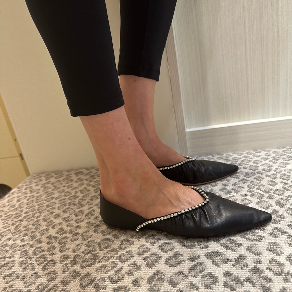Miu Miu Black leather pointy toe flats with Rhinestone trim - Picture 2 of 6